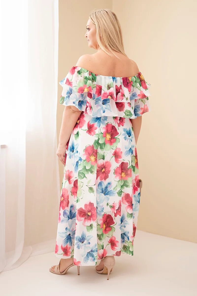 Sukienka damska wiskozowa Plus Size z falbaną hiszpanka i elastyczną talią maxi fuksja - obrazek 3