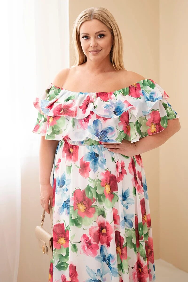 Sukienka damska wiskozowa Plus Size z falbaną hiszpanka i elastyczną talią maxi fuksja