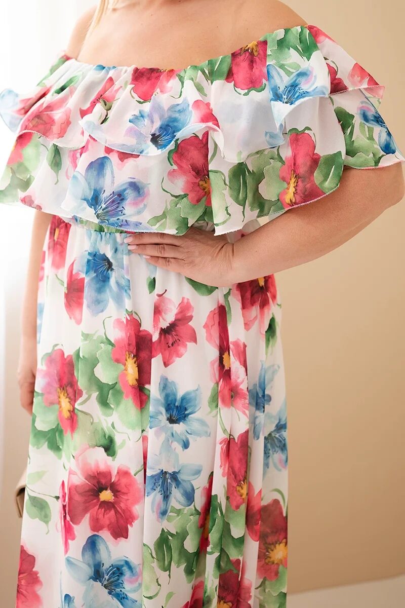 Sukienka damska wiskozowa Plus Size z falbaną hiszpanka i elastyczną talią maxi fuksja - obrazek 4