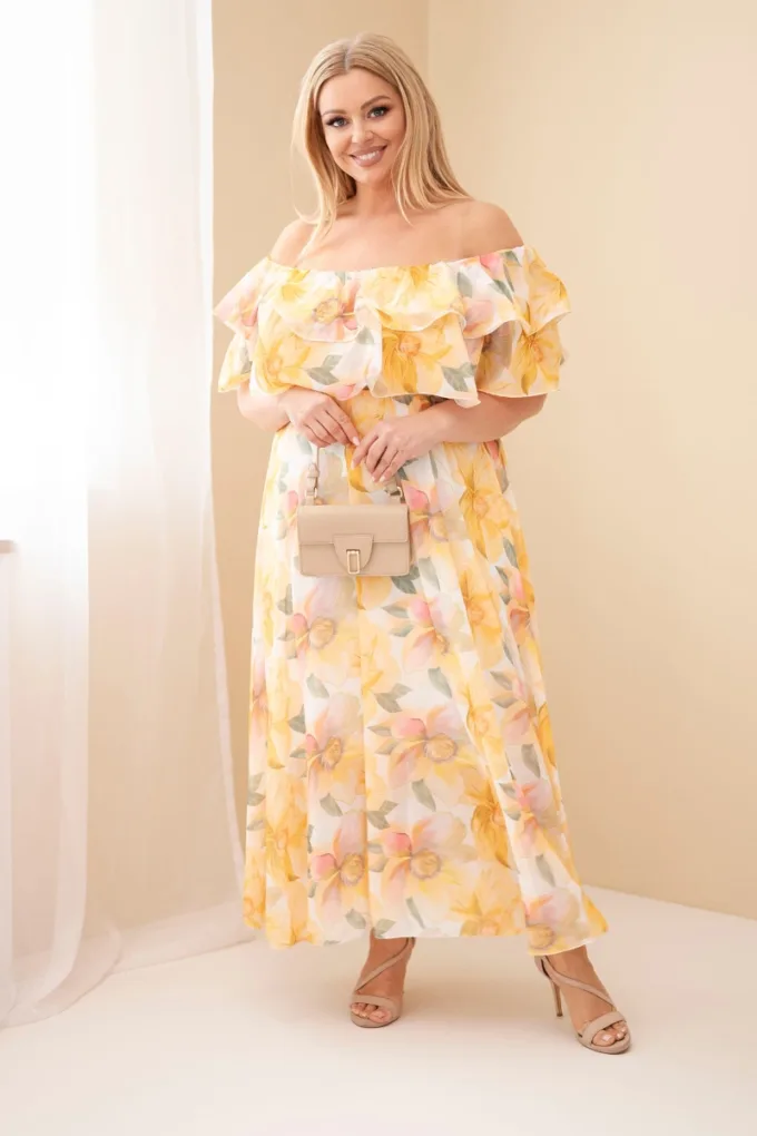 Sukienka damska wiskozowa Plus Size z falbaną hiszpanka i elastyczną talią maxi żółta