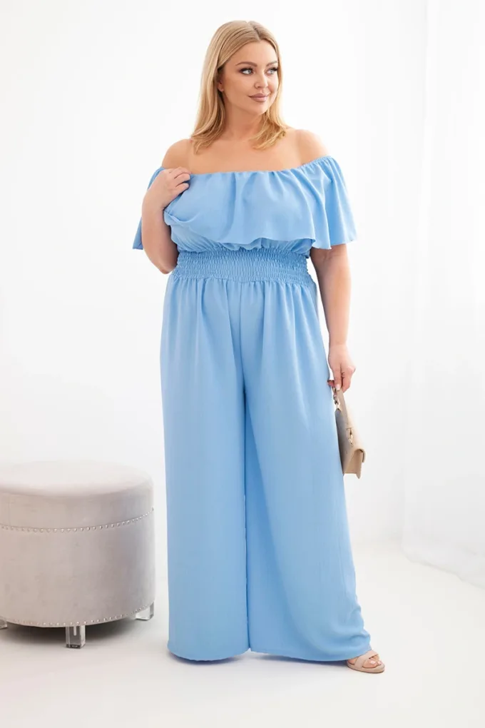 Kombinezon damski wiskozowy Plus Size hiszpanka z falbaną i szeroką nogawką niebieski