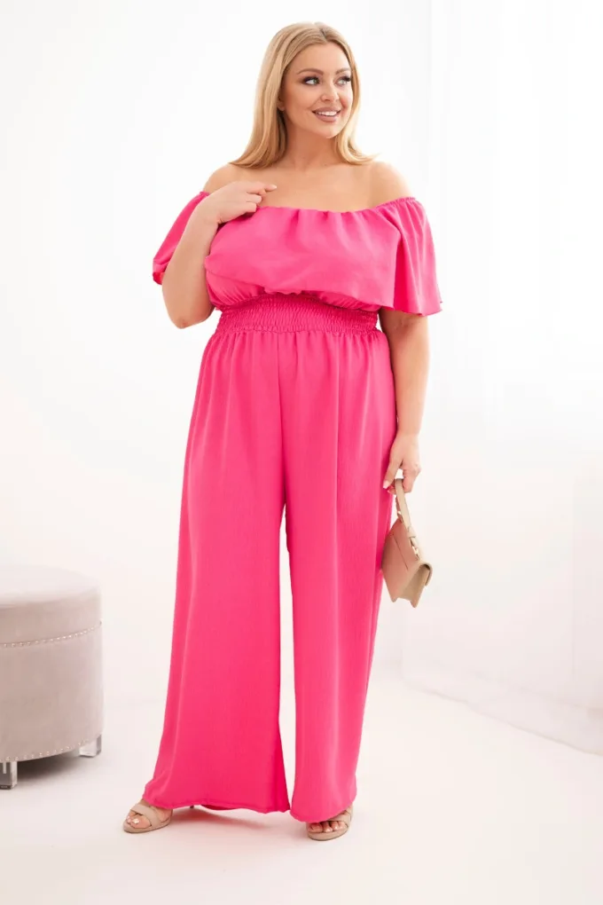 Kombinezon damski wiskozowy Plus Size hiszpanka z falbaną i szeroką nogawką różowy
