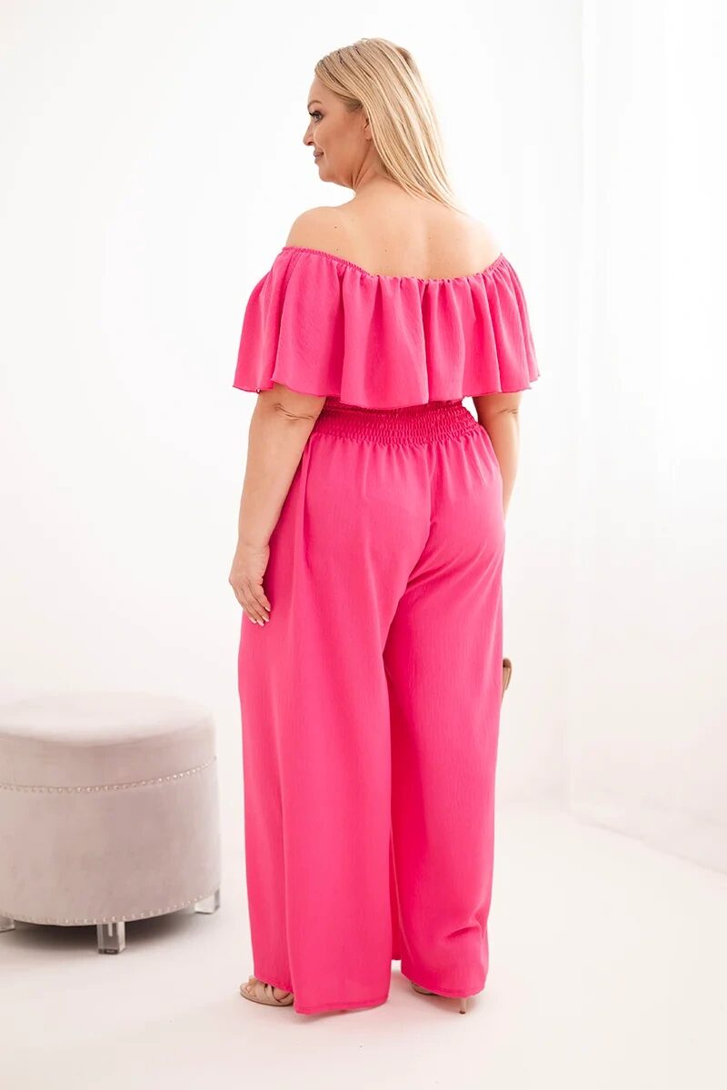 Kombinezon damski wiskozowy Plus Size hiszpanka z falbaną i szeroką nogawką różowy - obrazek 3