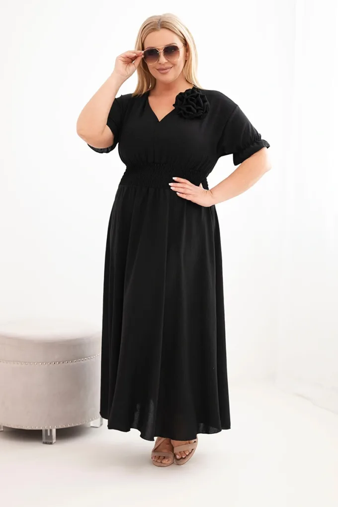 Sukienka damska wiskozowa Plus Size z dekoltem V i marszczoną talią czarna