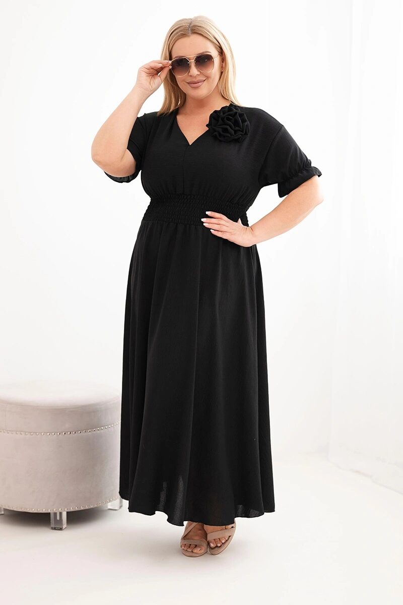 Sukienka damska wiskozowa Plus Size z dekoltem V i marszczoną talią czarna