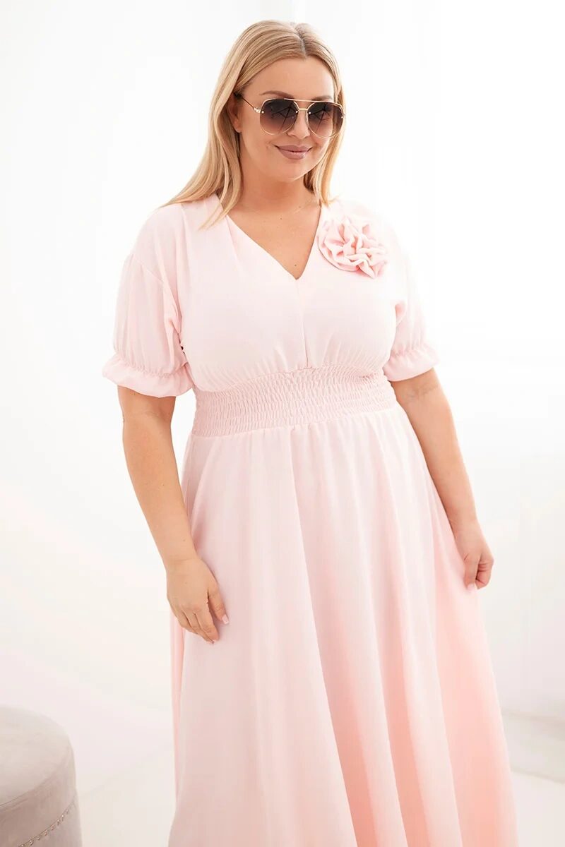 Sukienka damska wiskozowa Plus Size z dekoltem V i marszczoną talią pudrowy róż