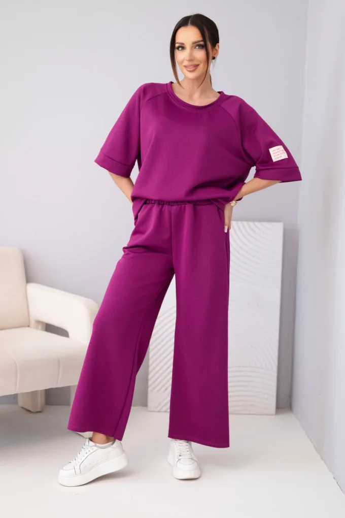 Komplet damski masełkowy z wiskozy bluza i szerokie spodnie śliwkowy