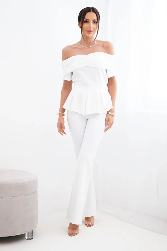 Komplet damska hiszpanka z falbaną i szerokimi spodniami biały