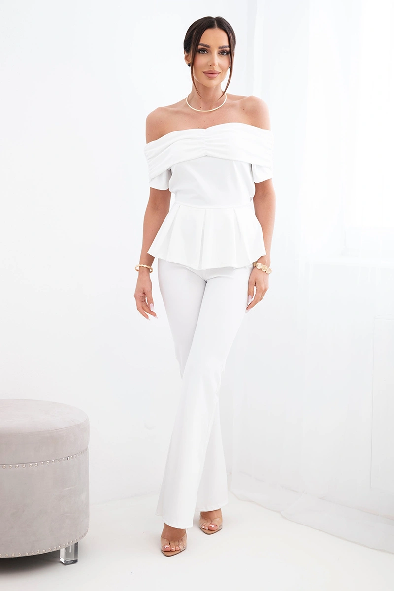 Komplet damska hiszpanka z falbaną i szerokimi spodniami biały