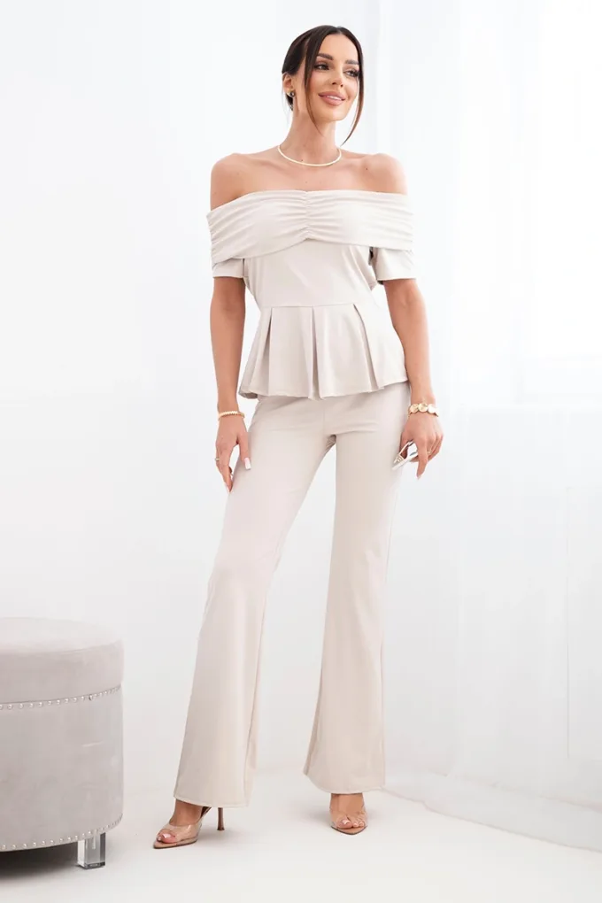 Komplet damska hiszpanka z falbaną i szerokimi spodniami beżowy
