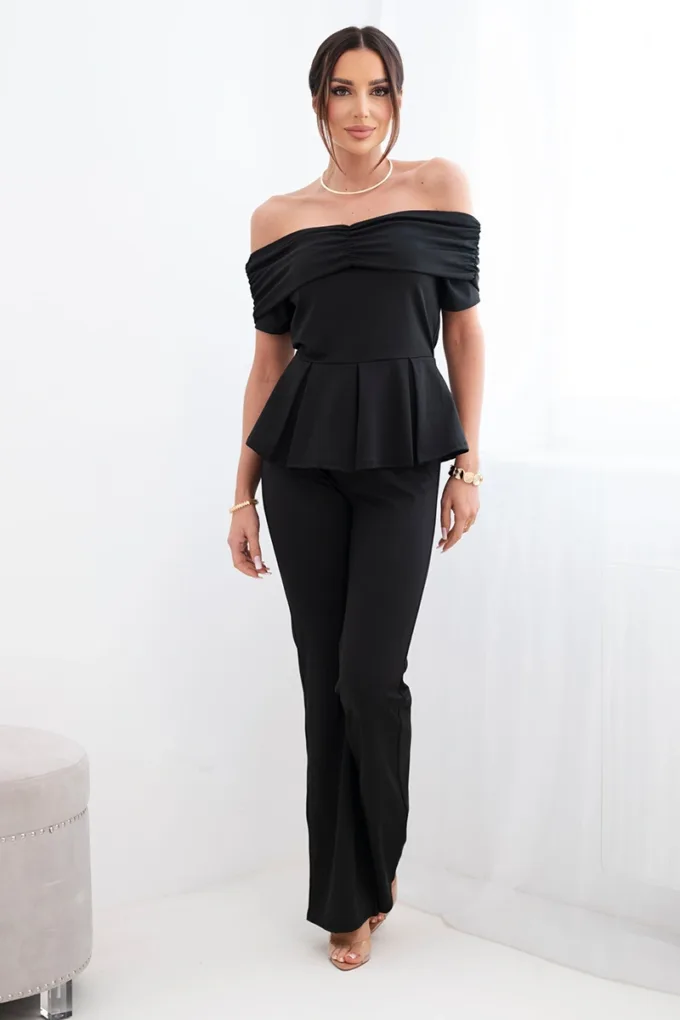 Komplet damska hiszpanka z falbaną i szerokimi spodniami czarny