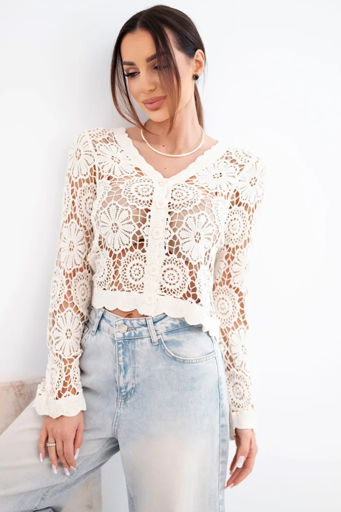 Sweter damski ażurowy letni z guzikami i długim rękawem beżowy
