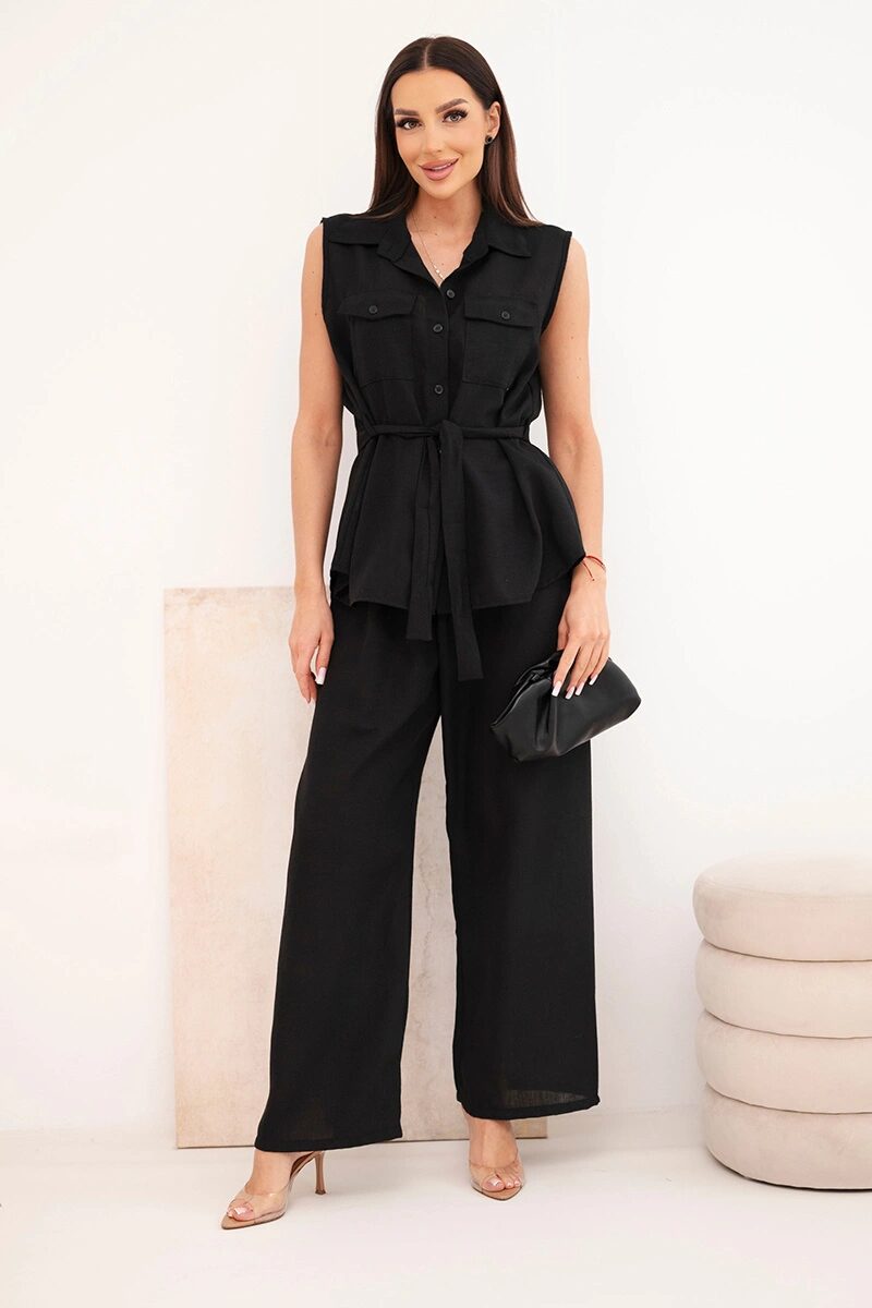 Komplet damski z wiązaną bluzką i szerokimi spodniami czarny - obrazek 3