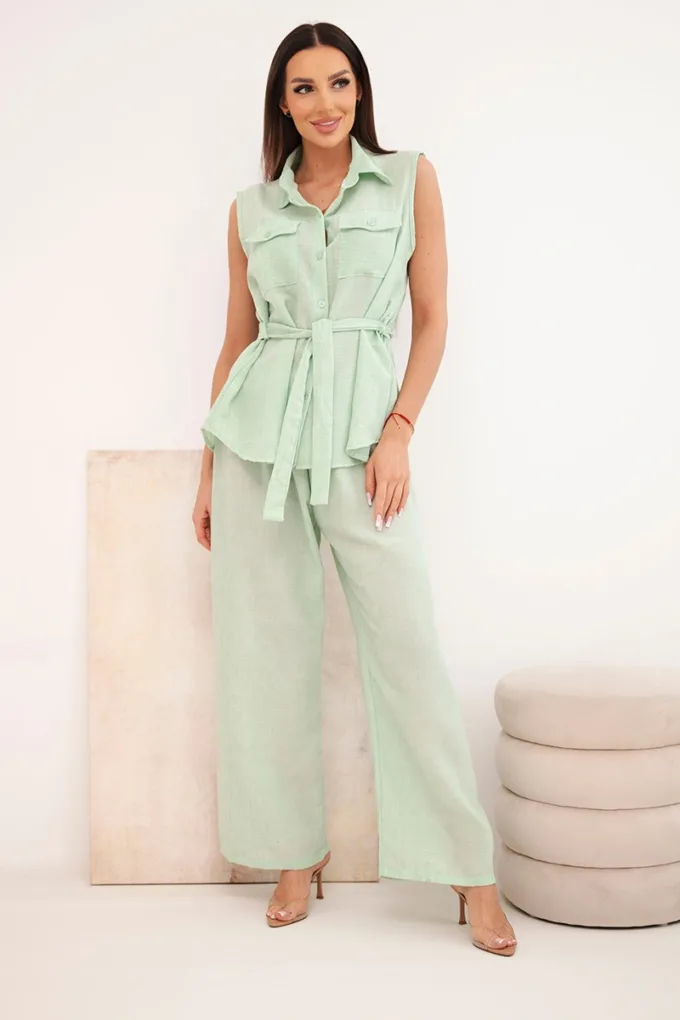 Komplet damski z wiązaną bluzką i szerokimi spodniami miętowy
