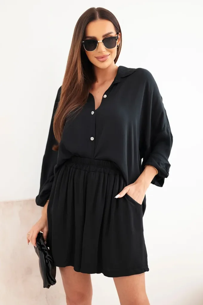 Komplet damski wiskozowy koszula z guzikami i luźne spodenki czarny