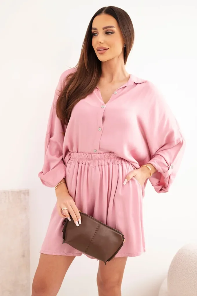 Komplet damski wiskozowy koszula z guzikami i luźne spodenki ciemno różowy