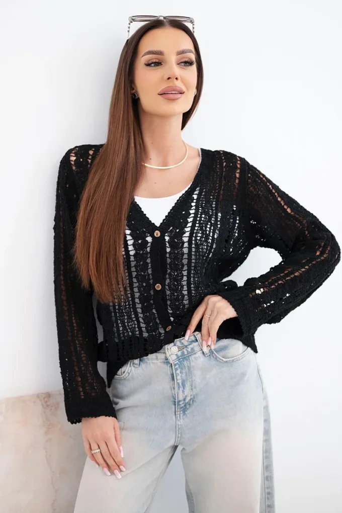 Sweter damski bawełniany ażurowy zapinany na guziki z dekoltem V czarny
