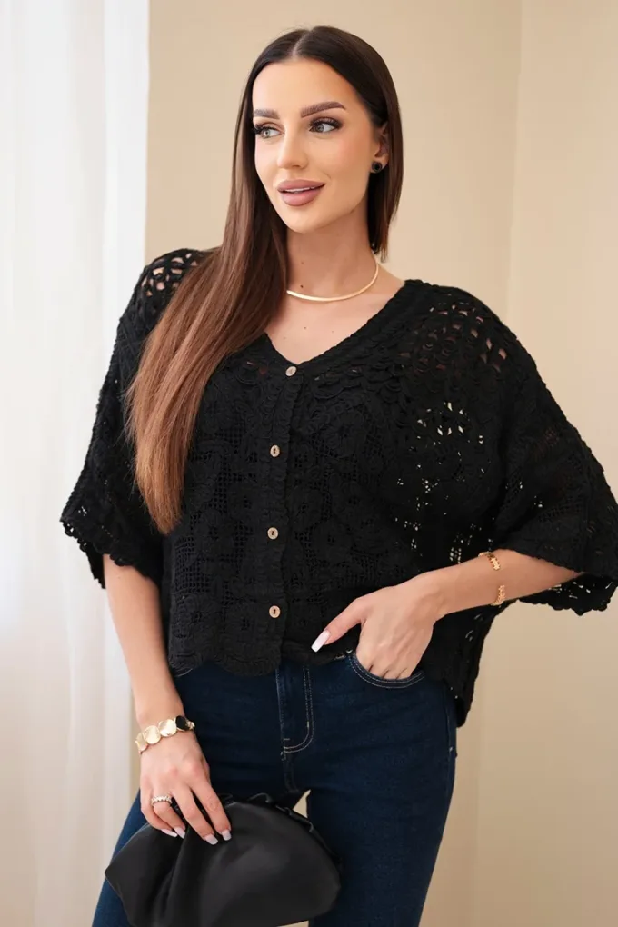 Sweter damski bawełniany ażurowy zapinany na guziki z krótkim rękawem czarny