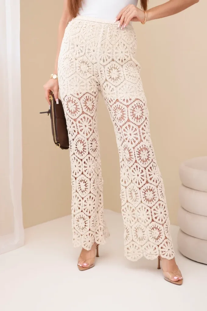 Spodnie damskie bawełniane ażurowe z szeroką nogawką elastyczny pas beżowe