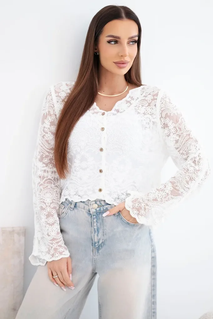 Sweter damski bawełniany koronkowy zapinany na guziki z długim rękawem biały