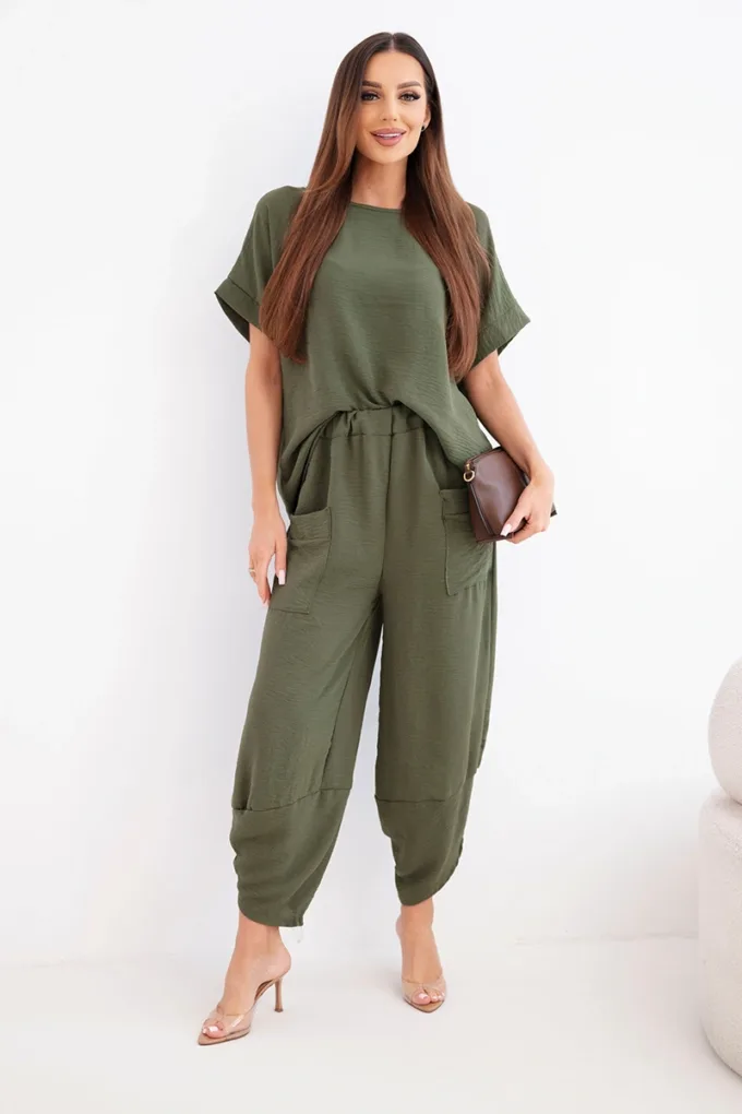 Komplet z wiskozy bluzka + spodnie jasne khaki