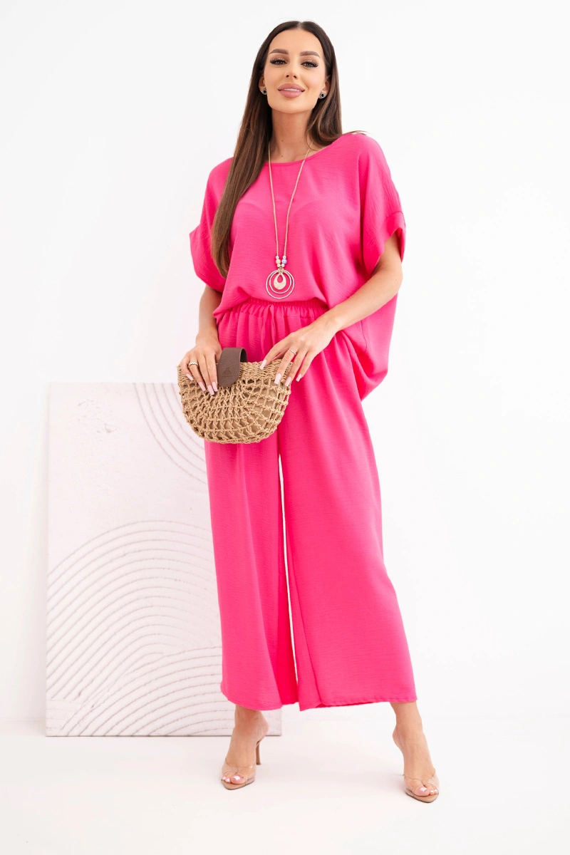 Komplet damski wiskozowy bluzka krótki rękaw i spodnie szeroka nogawka różowy