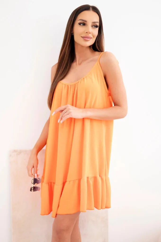 Sukienka damska wiskozowa na ramiączkach z falbaną i wiązaniem pomarańczowa