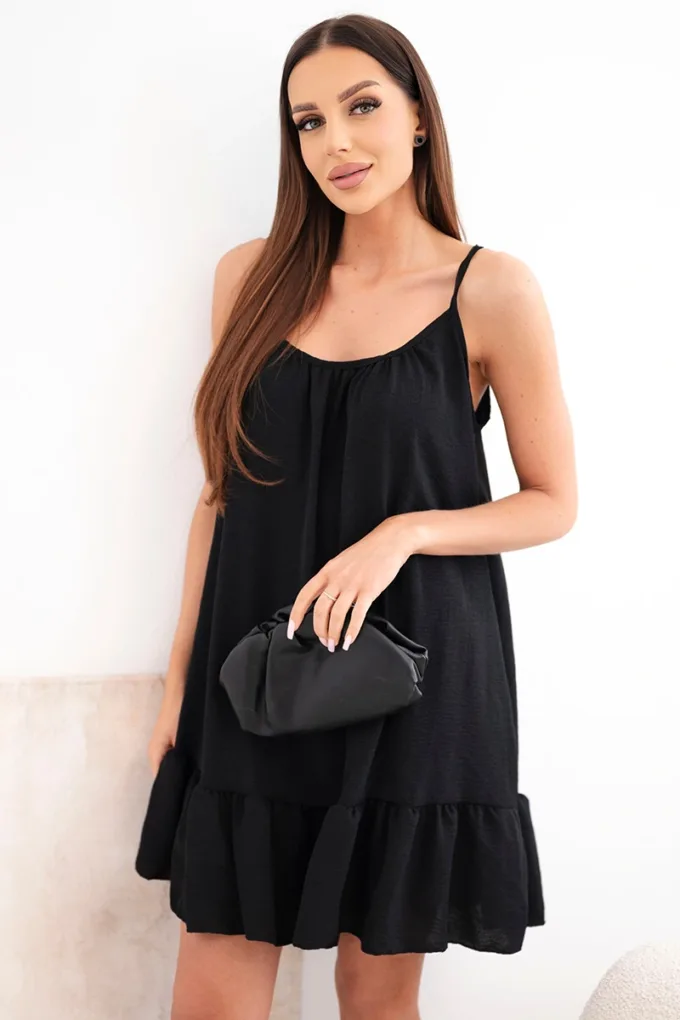Sukienka damska wiskozowa na ramiączkach z falbaną i wiązaniem czarna