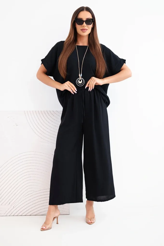 Komplet damski wiskozowy bluzka krótki rękaw i spodnie szeroka nogawka czarny