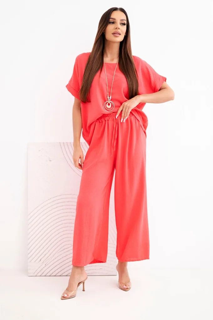 Komplet damski wiskozowy bluzka krótki rękaw i spodnie szeroka nogawka malinowy