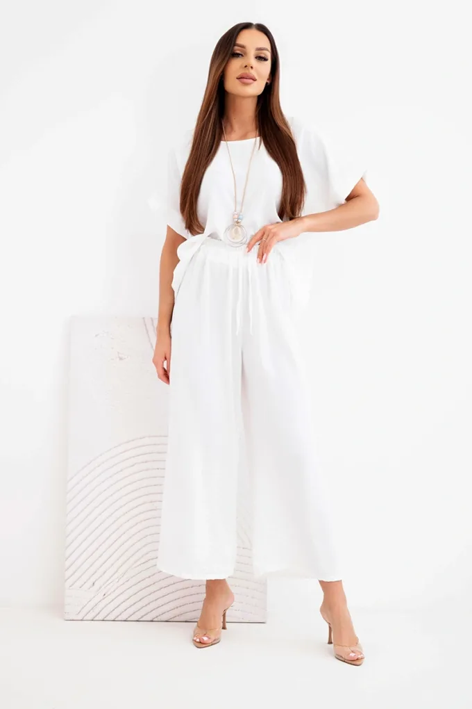 Komplet damski wiskozowy bluzka krótki rękaw i spodnie szeroka nogawka ecru