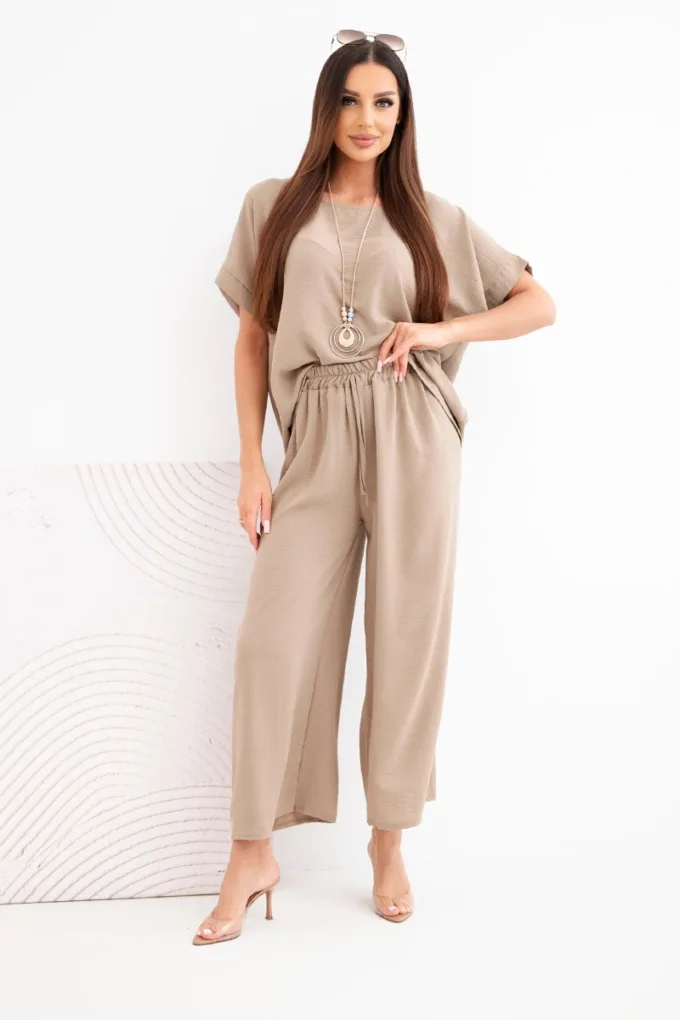 Komplet damski wiskozowy bluzka krótki rękaw i spodnie szeroka nogawka fango