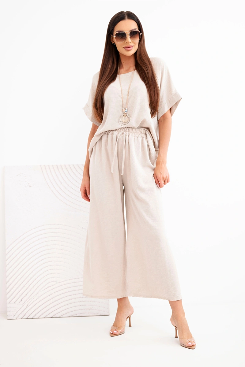 Komplet damski wiskozowy bluzka krótki rękaw i spodnie szeroka nogawka ciemno beżowy