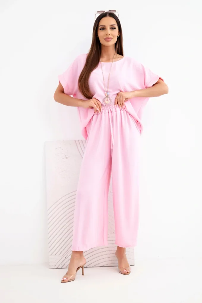 Komplet damski wiskozowy bluzka krótki rękaw i spodnie szeroka nogawka cukierkowy róż