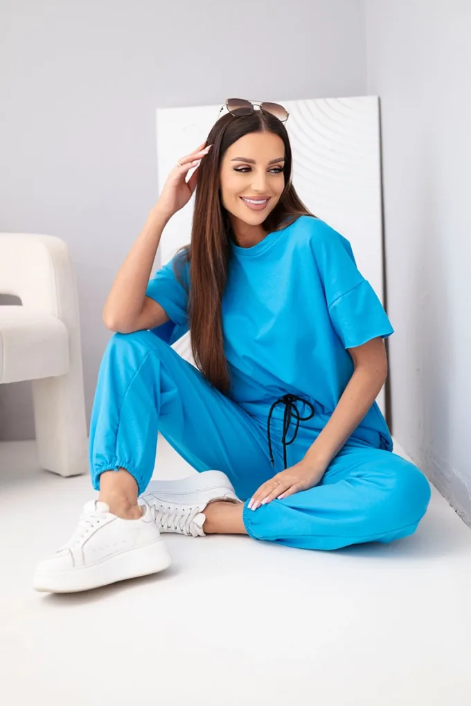 Komplet dasmki bawełniany bluzka krótki rękaw i spodnie dresowe turkusowy