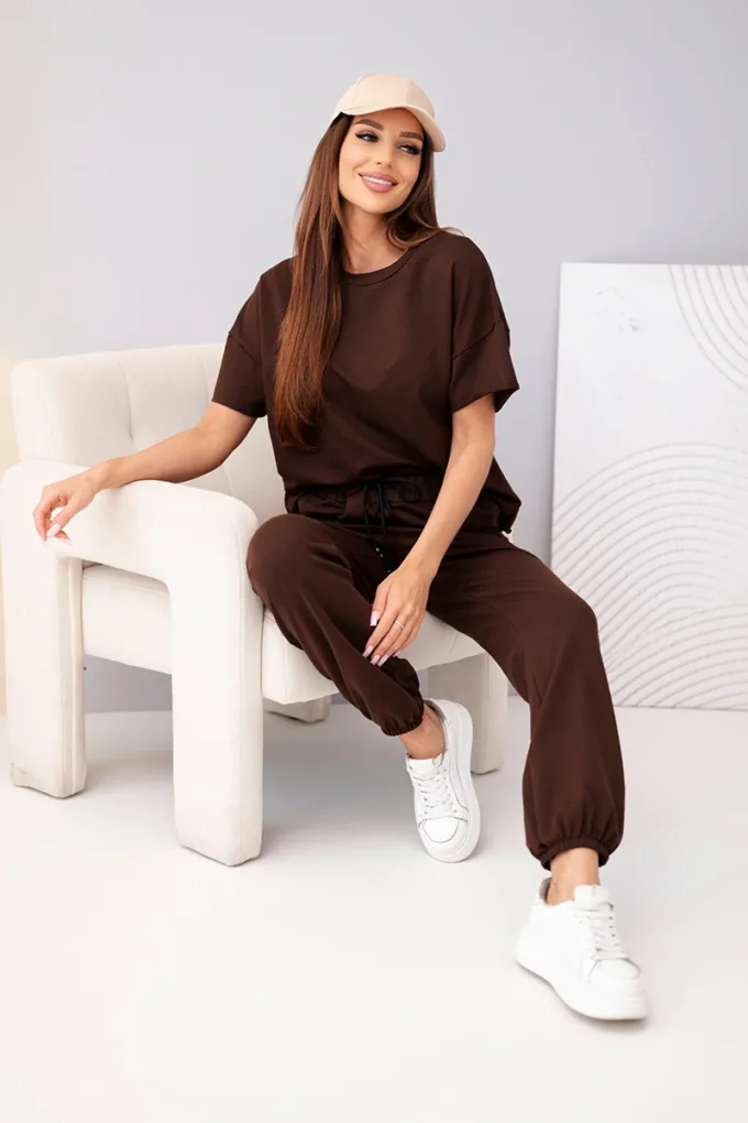 Komplet dasmki bawełniany bluzka krótki rękaw i spodnie dresowe brązowy