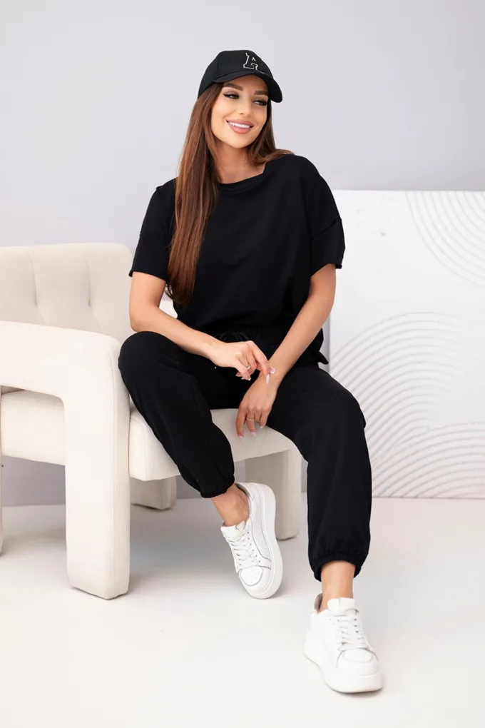 Komplet dasmki bawełniany bluzka krótki rękaw i spodnie dresowe czarny