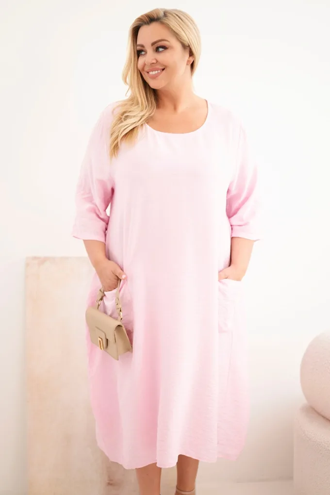 Sukienka damska Plus Size wiskozowa z kieszeniami krótki rękaw cukierkowy róż