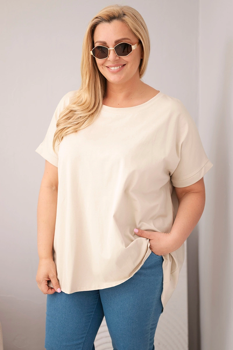 Bluzka damska Plus Size bawełniana z krótkim rękawem beżowa