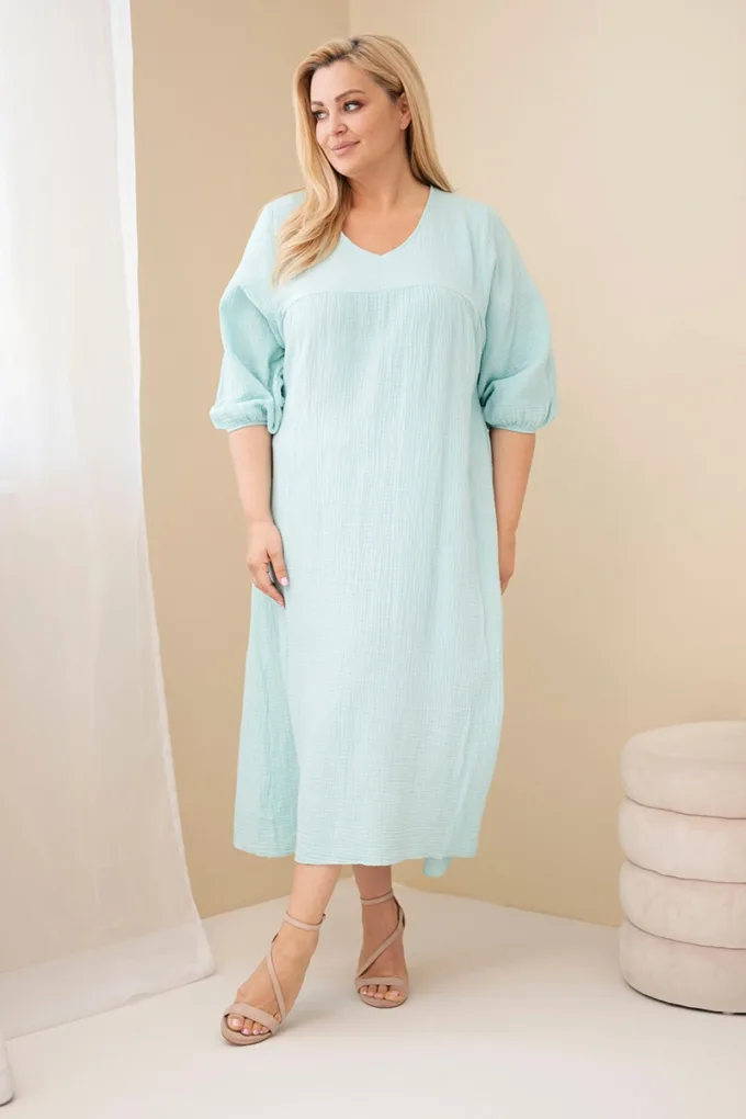 Sukienka damska Plus Size bawełniana muślinowa z dekoltem V miętowa