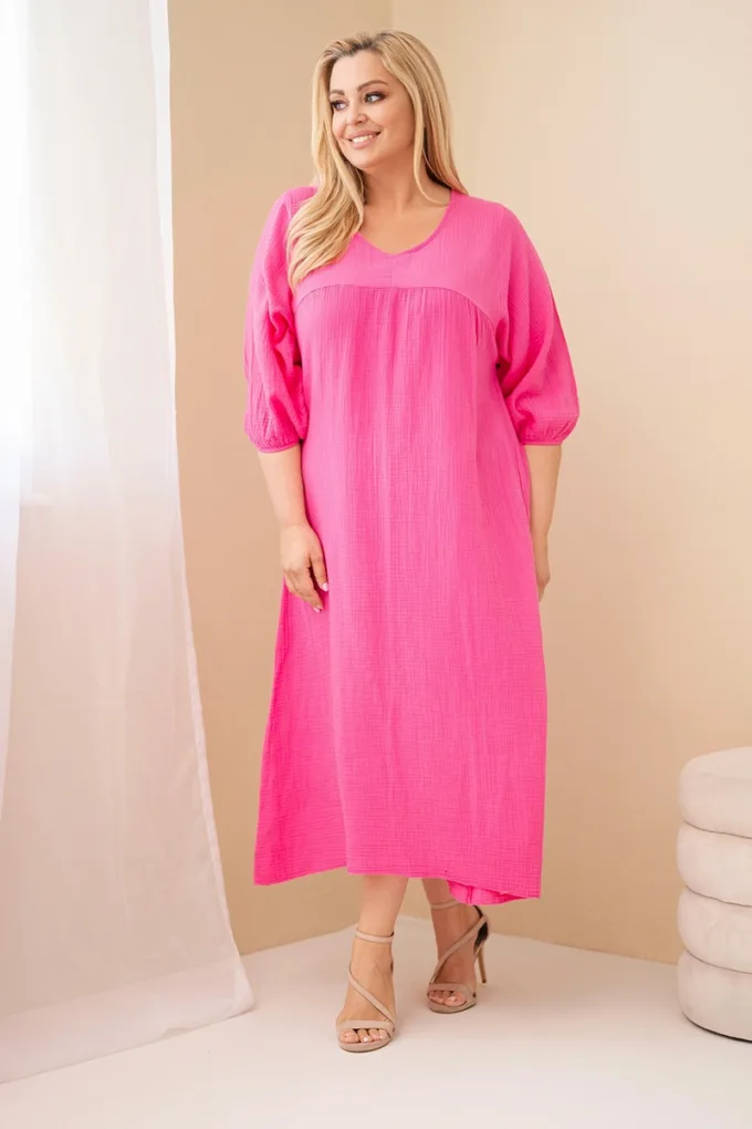 Sukienka damska Plus Size bawełniana muślinowa z dekoltem V różowa