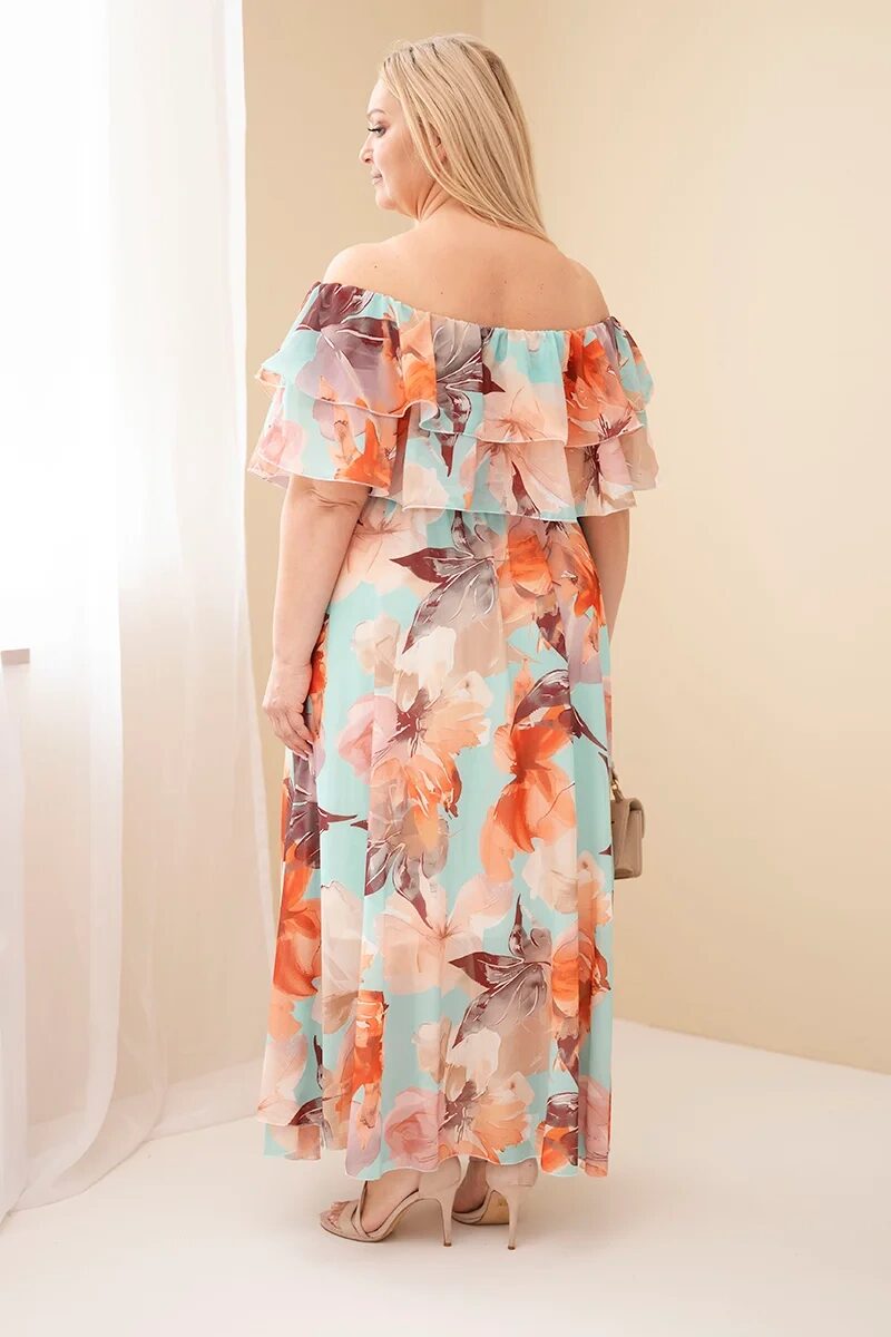 Sukienka damska wiskozowa Plus Size z falbaną hiszpanka i elastyczną talią maxi miętowa - obrazek 3