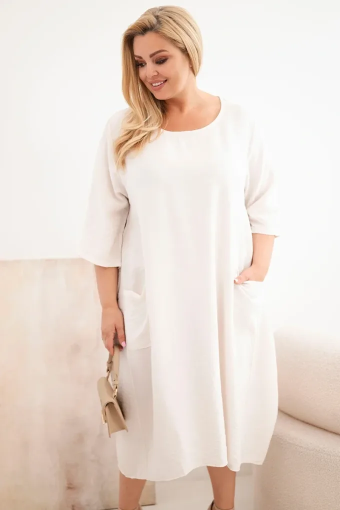 Sukienka damska Plus Size wiskozowa z kieszeniami krótki rękaw beżowa