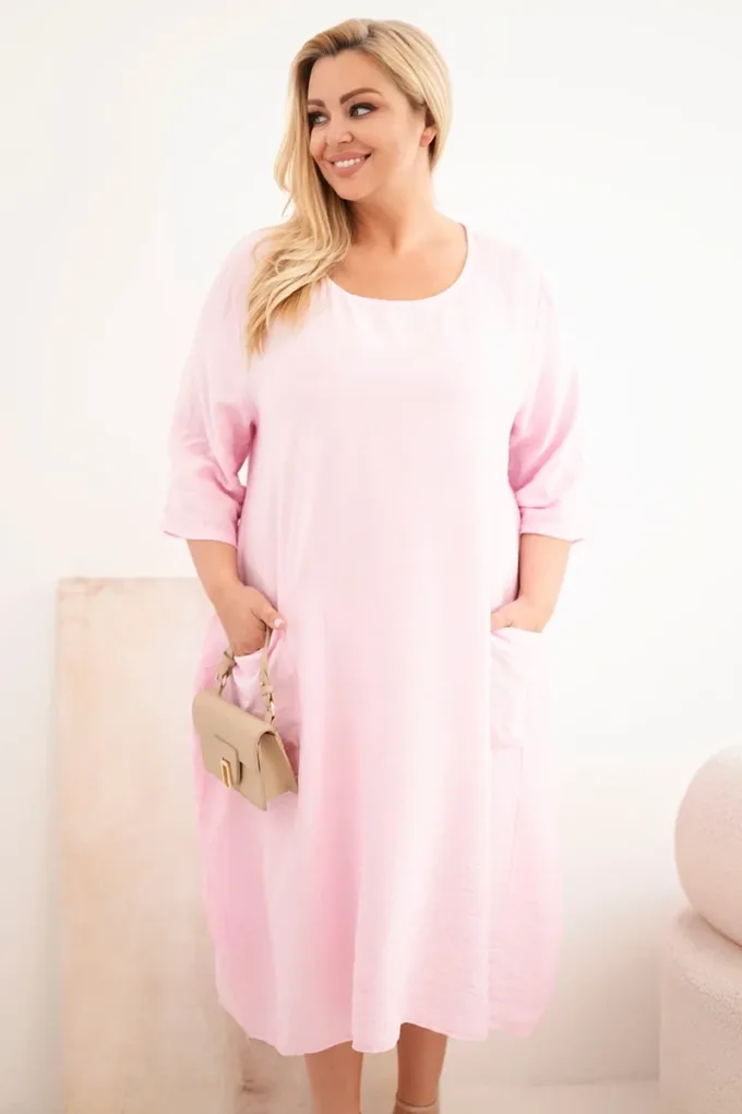 Sukienka damska Plus Size wiskozowa z kieszeniami krótki rękaw cukierkowy róż
