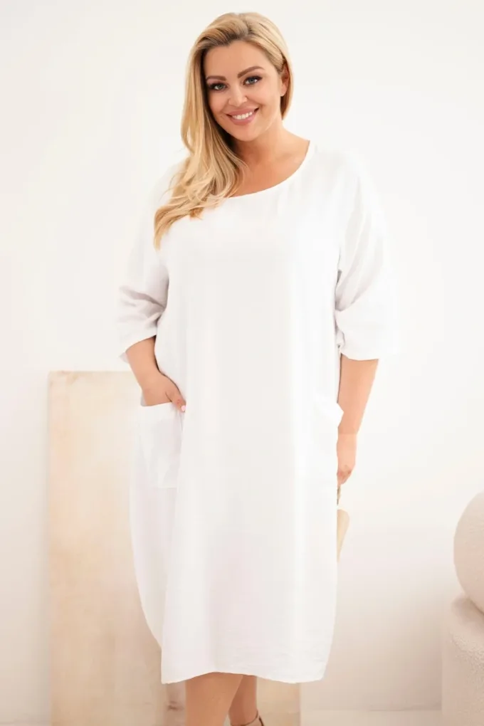 Sukienka damska Plus Size wiskozowa z kieszeniami krótki rękaw biała