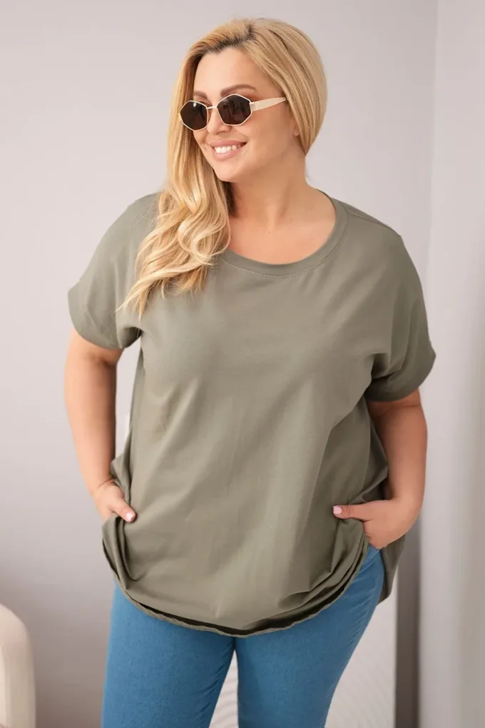 Bluzka damska Plus Size bawełniana z krótkim rękawem khaki