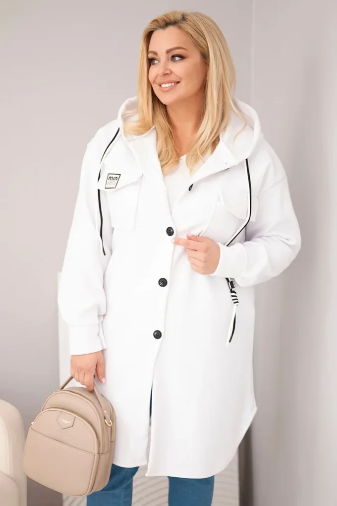 Płaszcz damski Plus Size z kapturem zapinany na guziki biały