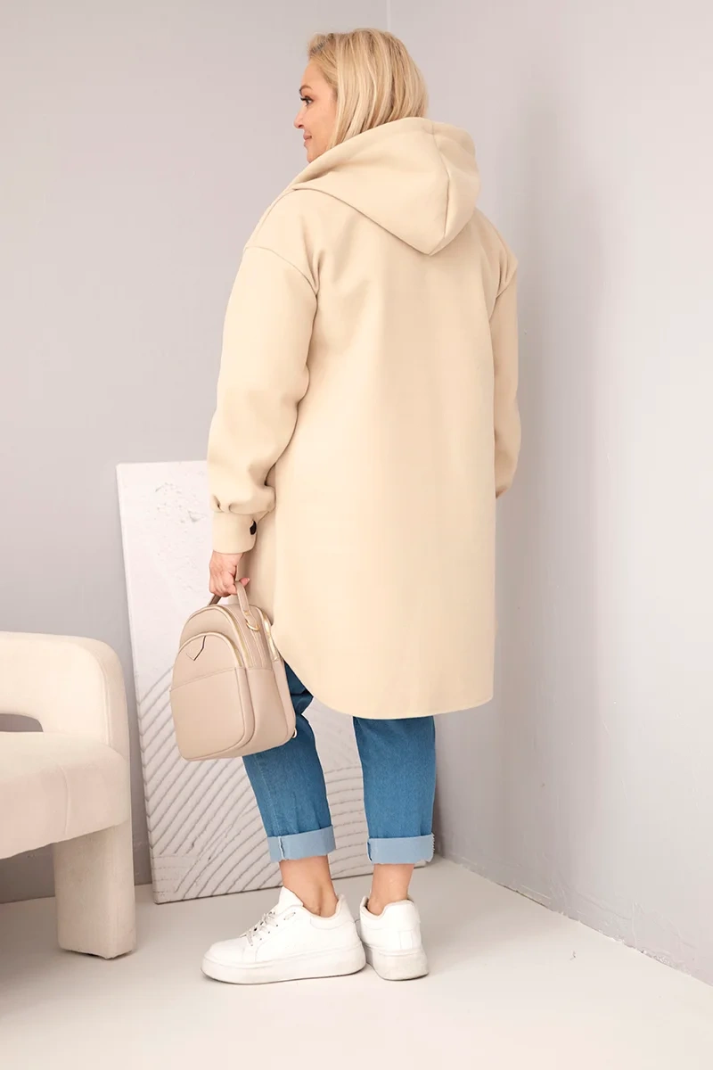 Płaszcz damski Plus Size z kapturem zapinany na guziki ciemny beżowy - obrazek 3