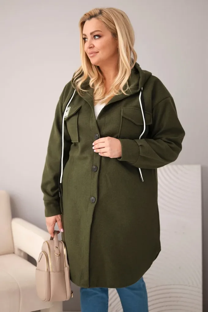 Płaszcz damski Plus Size z kapturem zapinany na guziki khaki