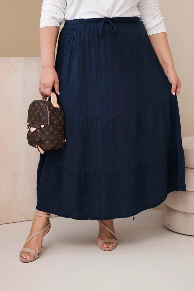 Spódnica damska Plus Size bawełniana muślinowa z falbaną i gumką granatowa - obrazek 2